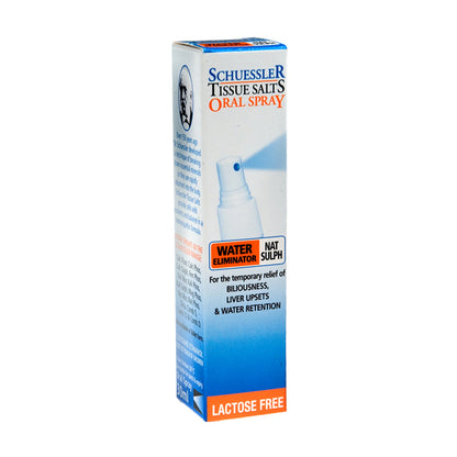 Dr Schuessler Tissue Salts Nat Sulph Spray 30ml Sodium Sulphate: WATER ELIMINATOR  Blood vessel walls and cell coats.  Nat Sulph is called the water eliminating tissue salt. It is thus the main remedy for water retention. It is also strongly associated with the liver and gall bladder.  30ml Spray | Tablets