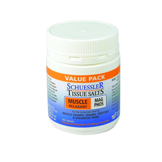 Dr Schuessler Mag Phos 6X Tissue Salt 250 Tablets Magnesium Phosphate: NERVE & MUSCLE RELAXANT Blood, bone & teeth. Mag Phos is the anti-spasmodic, tissue salt. HEALTH BENEFITS: For the temporary relief of: Muscle cramps, spasms, twitches & spasmodic pains.