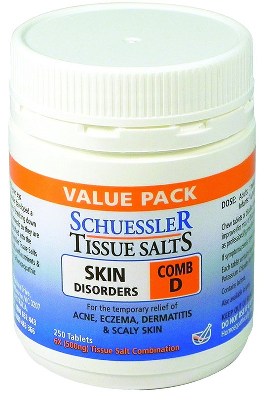 Dr Schuessler Tissue Salts Comb D 6X 250 Tablets Comb D | SKIN DISORDERS For minor skin ailments, scalp eruptions, eczema, acne, scaling of the skin and allied conditions. When you want a natural remedy for skin troubles, Combination D is an effective combination of the 4 minerals needed by the body for healthy skin and maintenance. It is best taken as a course of treatment.