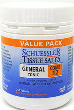 Dr Schuessler Tissue Salts Comb 12 6X 250 Tablets Comb 12 | GENERAL TONIC A general tonic to be taken during times of hard work, nervous strain or mental fatigue. HEALTH BENEFITS: For the temporary relief of: Overall fatigue & exhaustion.
