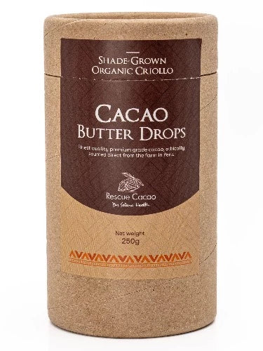 ORGANIC PREMIUM CACAO BUTTER DROPS - 250G 100% pure organic, single-origin, premium cacao butter. Made only from virgin crop, meaning the first crop of the tree and hand-selected pods. Our cacao butter is fermented and full bean, generated from milling the whole bean into a creamy, rich paste then pressing to separate the cacao mass from the rich butter following ancient traditions.