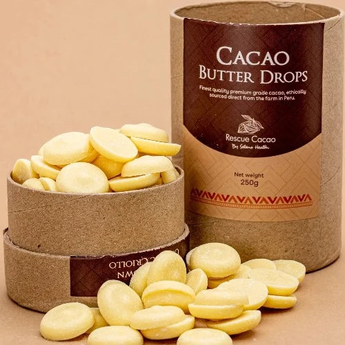 Seleno Organic Premium Cacao Butter Drops - 250 grams 100% pure organic, single-origin, premium cacao butter. Made only from virgin crop, meaning the first crop of the tree and hand-selected pods. Our cacao butter is fermented and full bean, generated from milling the whole bean into a creamy, rich paste then pressing to separate the cacao mass from the rich butter following ancient traditions.