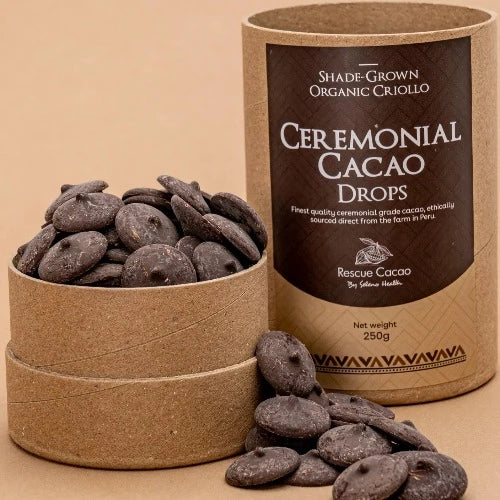 Seleno Organic Ceremonial Cacao Paste Drops - 250g 100% pure organic, single-origin, Peruvian ceremonial cacao paste. New Zealand-Peruvian owned and operated family business. Our ceremonial Criollo cacao has an incredible ratio of 29:1 - theobromine:caffeine. Perfect for the uplifting, heart opening effects without the negative side-effects of caffeine over-stimulation.