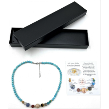 Solar System Necklace Turquoise (Howlite) Turquoise (Howlite) has a calming effect and has a strong positive energy. The stone helps the bearer to control anger and be less critical. It stimulates ambition and patience, but also strengthens the memory and promotes the eagerness to learn. The stone may help reduce insomnia due to its strong calming effect. Size of bead 0.6cm SKU: SN1
