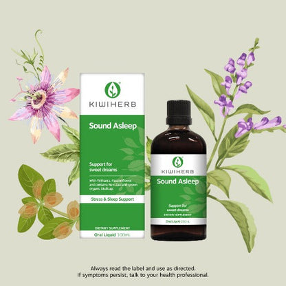 KIWIHERB Sound Asleep 100ml Kiwiherb Sound Asleep is a fast-acting herbal aid containing NZ-grown Skullcap, Withania, Passionflower which are traditionally used in Western herbal medicine to assist falling asleep faster, relieve sleeplessness, and support the nervous system for a healthy sleep. This easy to use liquid formulation is ideal during times of stress. Taken 30 minutes before bed to help with a better night’s sleep, naturally.