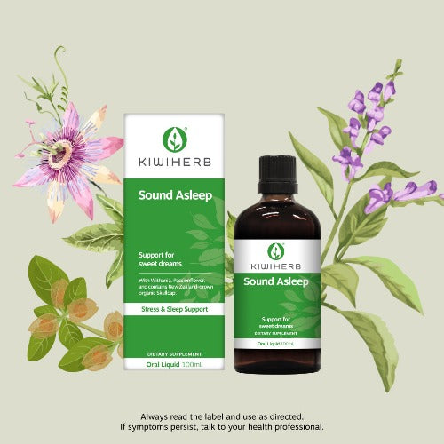 KIWIHERB Sound Asleep 200ml Kiwiherb Sound Asleep is a fast-acting herbal aid containing NZ-grown Skullcap, Withania, Passionflower which are traditionally used in Western herbal medicine to assist falling asleep faster, relieve sleeplessness, and support the nervous system for a healthy sleep. This easy to use liquid formulation is ideal during times of stress. Taken 30 minutes before bed to help with a better night’s sleep, naturally.