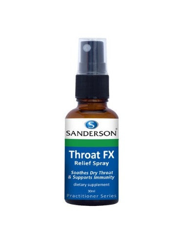 SANDERSON Throat FX Relief Spray 30ml Throat FX Relief Spray soothes a dry throat while supporting immune system heath. Throat FX Relief Spray is a unique combination of 16 potent immune support ingredients including echinacea, white willow bark, garlic and Shiitake mushroom.