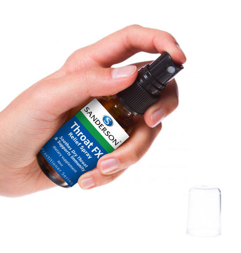 SANDERSON Throat FX Relief Spray 30ml Throat FX Relief Spray soothes a dry throat while supporting immune system heath. Throat FX Relief Spray is a unique combination of 16 potent immune support ingredients including echinacea, white willow bark, garlic and Shiitake mushroom.