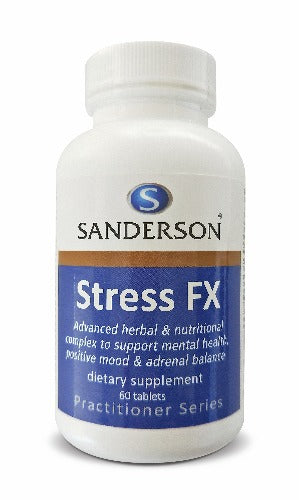 SANDERSON Stress FX 60 Tablets This advanced complex of non-sedating herbs and nutrients has been formulated to support healthy brain function and calmness, mental focus and a positive mood. Research indicates each of the ingredients may play a role in supporting a healthy functioning brain.