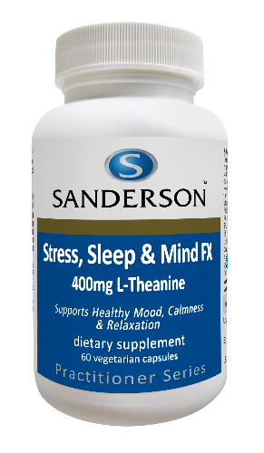 SANDERSON Stress, Sleep & Mind FX 400mg L-Theanine 60 VegeCaps Each Sanderson Stress, Sleep & Mind FX capsule contains a high strength dose of free-form L-Theanine, an amino acid commonly found in tea. This 1-a-day formula supports healthy mood, relaxation and calmness.