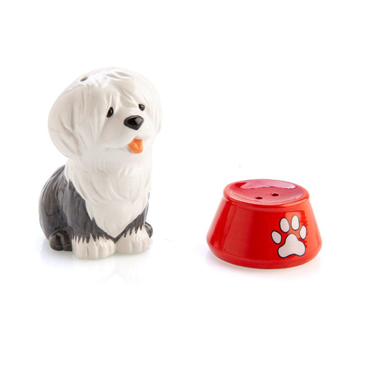 Flavour Mate Furever Pets Sheepdog & Bowl Salt & Pepper Set Salt and pepper set shaped like an Old English sheepdog and red dog bowl Adorable design makes this set a perfect collectible for dog lovers Hand wash only – not dishwasher safe 11.5(L) x 5.5(W) x 8.5(H) cm SKU: TJ-SP/SB