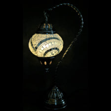 Turkish Mosaic Lamp- Swan Neck White SKU: TL99   Size: 37CM  Our lamps come with full NZ-recognised electrical certification and include an LED bulb.
