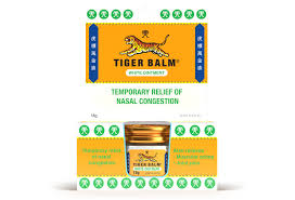 Tiger Balm White Reg Strength 18g Tiger Balm is a unique formulation containing essential oils for quick relief from aches and pains and nasal congestion often associated with winter ills and chills. HEALTH BENEFITS: For temporary relief of nasal congestion Temporary relief of muscular and joint aches and pains DIRECTIONS: For the relief of nasal congestion: Rub a thick layer onto chest or throat at night and/or morning.