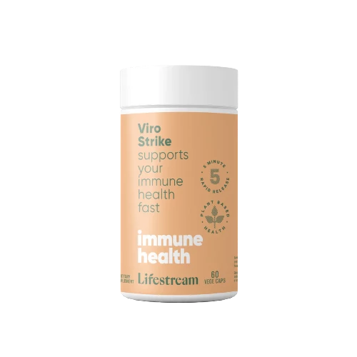 Lifestream Viro Strike 60 VegeCaps Rapid release, high potency immune support and respiratory formula. Are you suffering from low immunity, a tight chest, tickly dry throat, fever or ills and chills? Our Viro Strike has the perfect rapid release, high potency immune support and respiratory formula for fast relief.