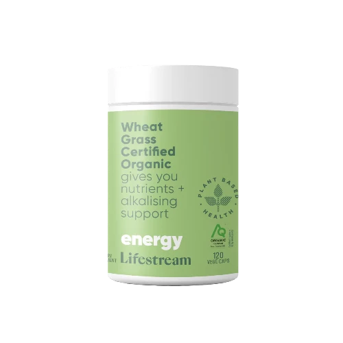 Lifestream Wheat Grass Certified Organic 120 VegeCaps A green nutrition boost. Get a green nutrition boost that helps support your acid/alkaline balance. Our Wheat Grass is certified organic and is a nutritious green superfood full of vitamins, minerals, enzymes, and antioxidants.