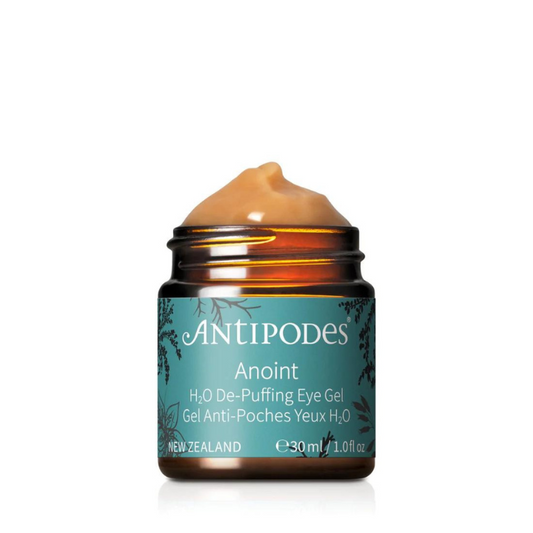 Antipodes Anoint H2O De-Puffing Eye Gel - 30ml 1st Stop, Marshall's Health Shop!  A hydrating eye gel with caffeine to improve the appearance of puffy eyes, eye bags, and dry skin around eyes. Coffee and red algae join cucumber and antioxidant-rich New Zealand superfruits to target puffiness. Plant hyaluronic acid and manuka honey provide soothing hydration, while bamboo soothes and protects.