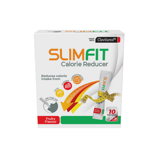 SLIMFIT Calorie Reducer Fruity Sachet 20s 1st Stop, Marshall's Health Shop!  SLIMFIT Calorie Reducer reduces calorie intake from carbohydrates, sugars and dietary fat.  SLIMFIT Calorie Reducer helps manage excess weight in conjunction with a balanced diet and exercise and may aid in general weight management.  May help in reducing food cravings.