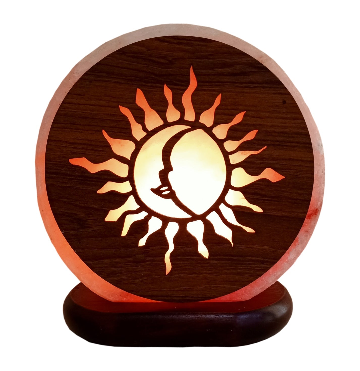 Himalayan Salt Lamp Sun and Moon Design Authentic Himalayan Salt Lamp. Each item comes with an electric cable and a bulb. Lamp Diameter 20cm Base Diameter 17cm SKU: 985SM