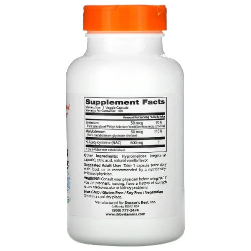 Doctor's Best NAC Detox Regulators supports the production and utilization of glutathione, the foremost protective and regulatory antioxidant naturally concentrated in all healthy cells. NAC (N-Acetylcysteine) is proven to support glutathione production, while selenium and molybdenum are essential for facilitating glutathione's role in supporting energy production, detoxification, and other fundamental life processes.