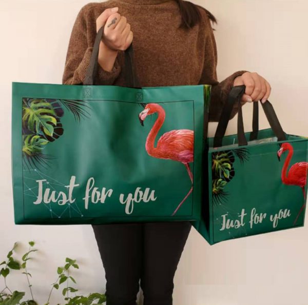 Kaku Reusable Shopping Bag Flamingo (L) Polypropylene with Nonwoven Backing Size: 43 (L) x 15 (W) x 32 cm (H) SKU:BA06-GL