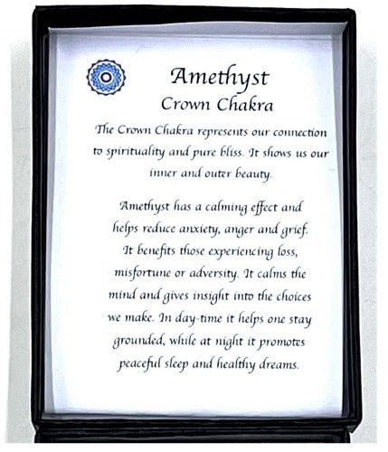 Braided Stone Necklace Amethyst Crown Chakra The Crown Chakra represents our connection to spiritually and pure bliss. It shows us our inner and outer beauty. Length 75cm approx. SKU: BPAM