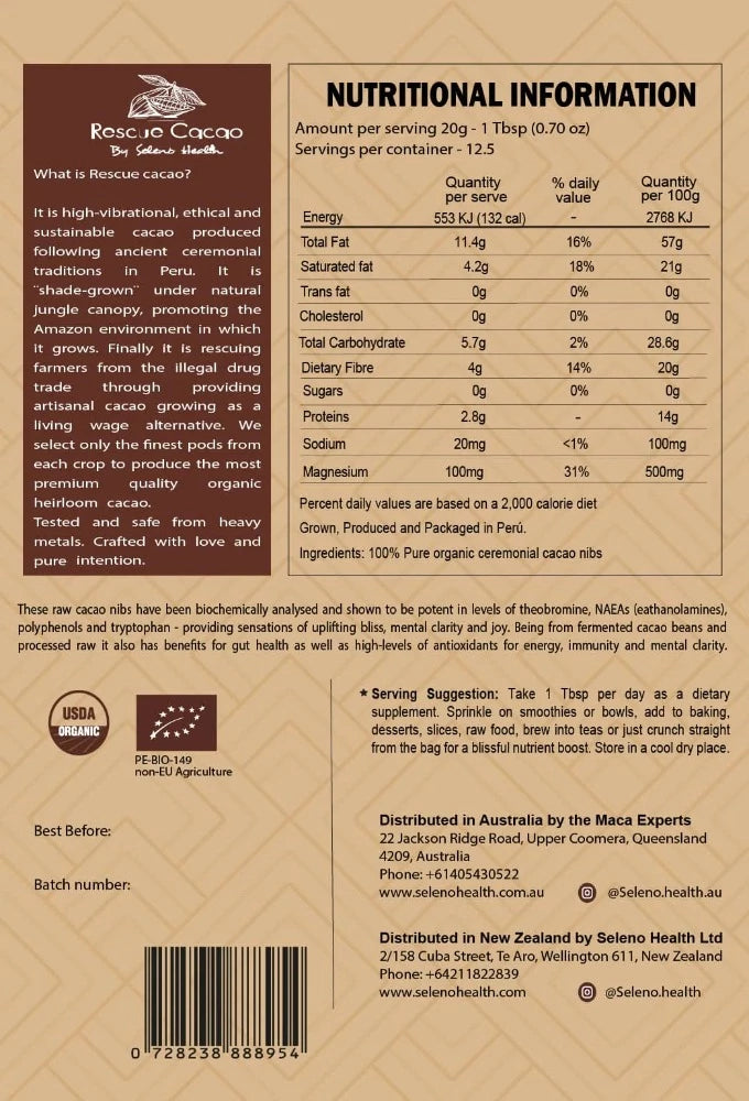 Seleno Organic Criollo Raw Cacao Nibs - 250 grams 100% Pure Organic, Single-Origin, Raw Cacao Nibs Our cacao is fermented and sun dried, before being de-husked and shredded into small nibs, following ancient traditions. It is packed with bioactive ethanolamides, tryptophan, tryptamine, phenylethylamine, polyphenols, magnesium, zinc and other essential minerals, with beautiful rich aromatic flavour. We personally source our beans from Peru to find the most potent, therapeutic & flavour rich cacao possible.