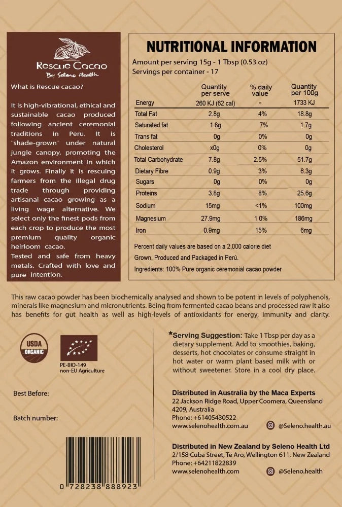 Seleno Organic Criollo Raw Cacao Powder 250 grams 100% pure organic, single-origin, raw cacao powder. Our cacao is fermented and sun dried, before being milled and pressed to seperate the butter from the cacao mass, following ancient traditions. It is packed with bioactive ethanolamides, tryptophan, tryptamine, phenylethylamine, polyphenols, magnesium, zinc and other essential minerals, with beautiful rich aromatic flavour.