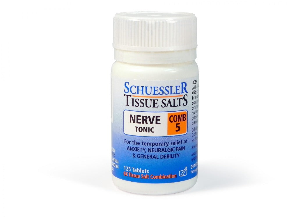 Dr Schuessler Tissue Salts Comb 5 6X 125 Tablets Comb 5 | NERVE TONIC A safe reliable remedy for nerve troubles, neuralgic pain, want of energy and allied conditions associated with debility. HEALTH BENEFITS: For the temporary relief of: Anxiety, neuralgic pain & general debility.