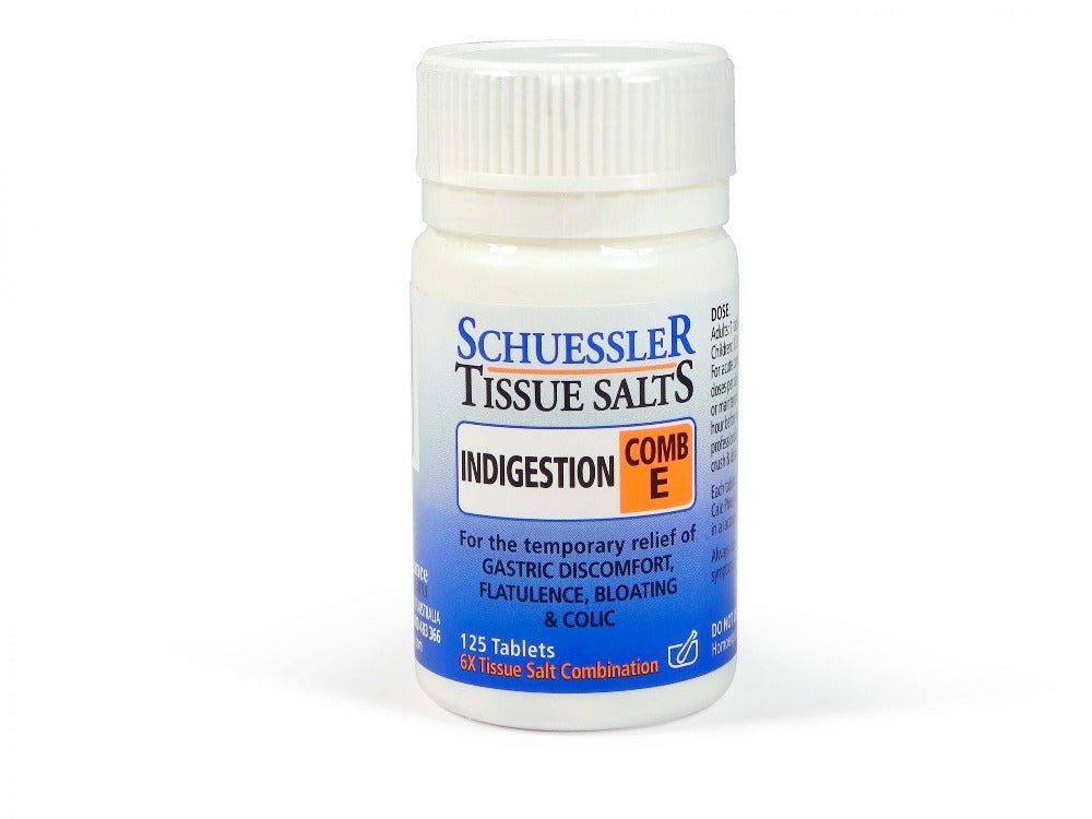 Dr Schuessler Tissue Salts Comb E 6X 125 Tablets Comb E | INDIGESTION Flatulence, colic, indigestion and allied conditions. Flatulence causes distension of the stomach or intestines which can produce colicky pains, though these are often the result of indigestion. Whether these or other symptoms of indigestion occur singly or together they can be eased by the particular combination of tissue salts present in Combination E.
