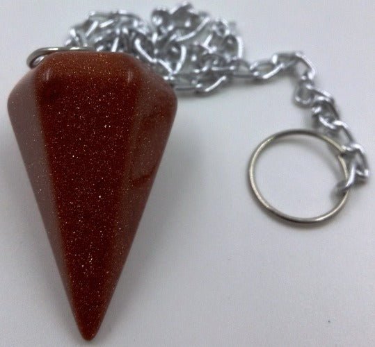Cone Pendulums Goldstone Cone Pendulums- Goldstone Dimensions: Length of stone-3cm. Length from chain to the tip of the stone 29cm Size and colour are approximate and may vary. SKU: PLGS