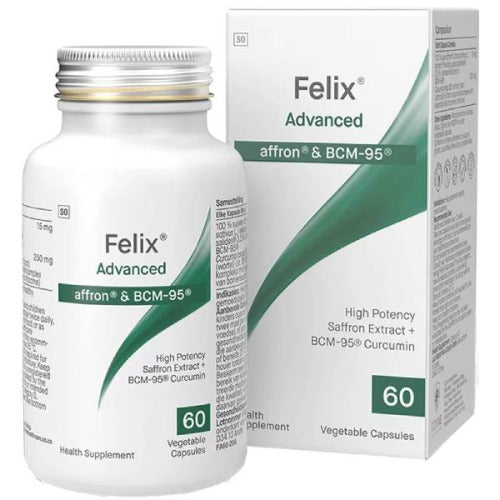 Felix Advanced affron 60 Veg Caps 1st Stop, Marshall's Health Shop!  What is Felix Advanced Pure Saffron Extract with BCM95?  FELIX Advanced® is a feel-good supplement with a highly specialised saffron extract made from the saffron crocus as well BCM-95®, the world’s leading bioavailable curcumin extract.