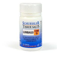 Dr Schuessler Tissue Salts Comb G 6X 125 Tablets Comb G: LUMBAGO At some time in their life most people experience backache. Lumbago is backache in the lumbar region of the spine. Backache seems to dominate life when present 125 Tablets