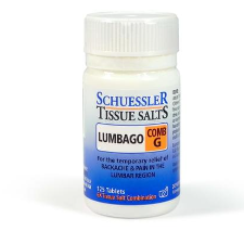 Dr Schuessler Tissue Salts Comb G 6X 125 Tablets Comb G: LUMBAGO  At some time in their life most people experience backache. Lumbago is backache in the lumbar region of the spine. Backache seems to dominate life when present  125 Tablets