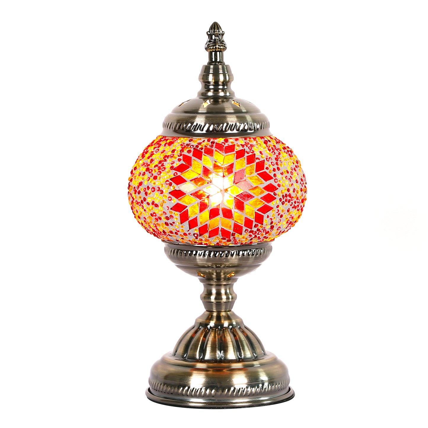 A decorative Turkish mosaic lamp with a metal base and a multicolored glass globe.