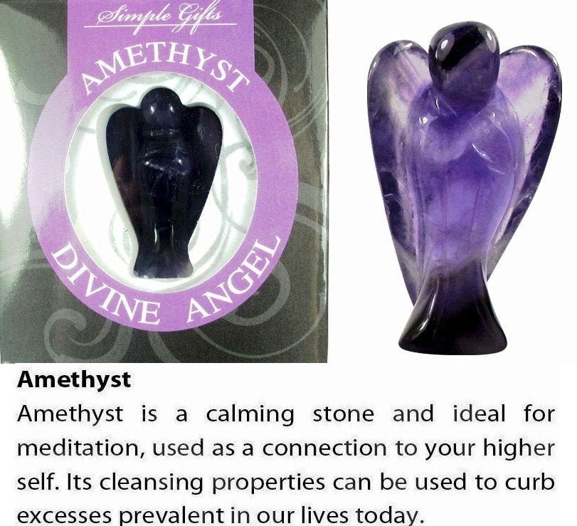 Divine Angels Amethyst Angels are messengers from the higher realm, ready to provide us with guidance. Carving angels help us connect with our own guardian angel who guard and protect us in all that we ask. Each angel is carved from natural gemstones and each has its unique pattern and colour. Amethyst is a calming stone and ideal for meditation, used as a connection to your higher self. Its cleansing properties can be used to curb excesses prevalent in our lives today.