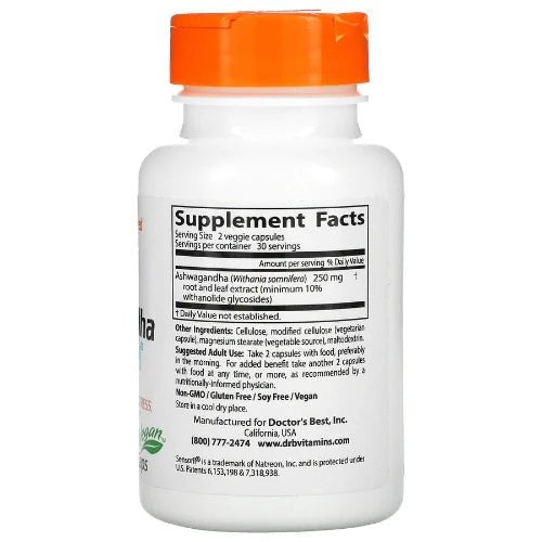 Doctor's Best Ashwagandha with Sensoril® is a scientifically validated preparation of the renowned Ayurvedic superplant Withania somnifera. Clinical studies have been shown Ashwagandha to help support stress management and mental focus. It has also been shown to help support energy and alertness.