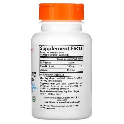 Doctor's Best Benfotiamine is a fat-soluble form and highly bioavailable derivative of thiamine that helps support the circulatory and nervous system. Alpha-lipoic acid (ALA) is a key factor in the cellular process that metabolizes glucose for energy production.