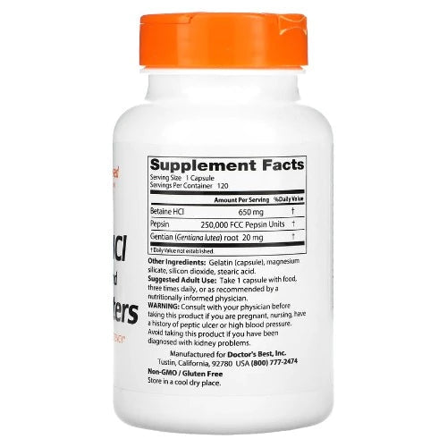 Doctor's Best Betaine HCL Pepsin & Gentian Bitters, 120 Capsules Betaine HCI/Pepsin/Gentian Bitters contains three nutritional factors that perform complementary functions designed to support the efficiency of the digestive process. Supplementing with Betaine HCI may support the stomach's digestive capacity.