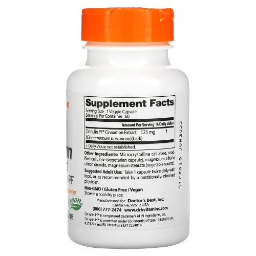 Doctor's Best Cinnamon Extract with Cinnulin PF, 125 mg, 60 Veggie Caps Cinnamon, one of the world's favorite spices, is a medicinal herb with more than 4,000 years of traditional use. Research has revealed that constituents in cinnamon bark called procyanidin Type-A polymers help support the body's ability to metabolize glucose in a healthy way.