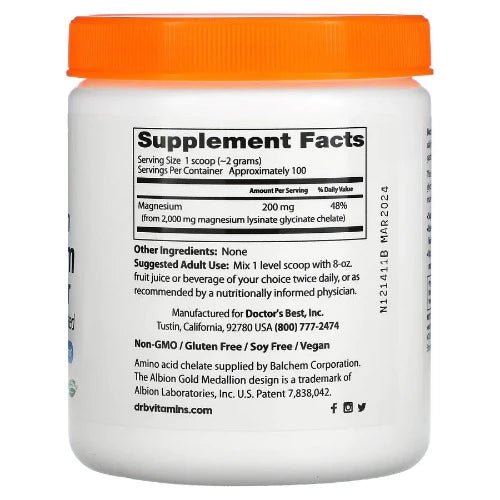 Doctor's Best High Absorption Magnesium provides a daily dose of high absorption magnesium without the gastrointestinal distress. This superior formula with 100% chelated lysinate glycinate magnesium absorbs effectively to support muscle relaxation and optimum nerve function.