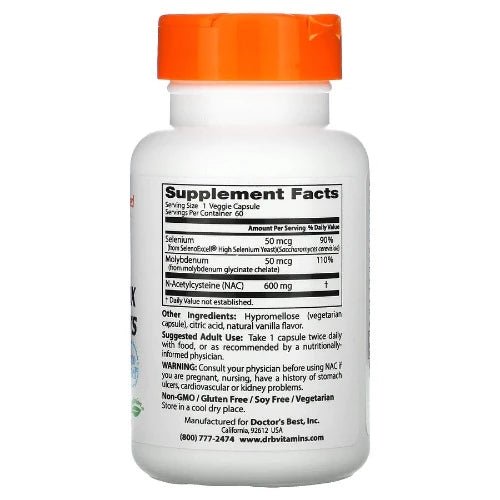 Doctor's Best NAC Detox Regulators supports the production and utilization of glutathione, the foremost protective and regulatory antioxidant naturally concentrated in all healthy cells. NAC (N-Acetylcysteine) is proven to support glutathione production, while selenium and molybdenum are essential for facilitating glutathione's role in supporting energy production, detoxification, and other fundamental life processes.