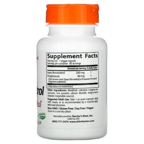 Doctor's Best Trans-Resveratrol 200 with Resvinol, 200 mg, 60 Veggie Caps ResVinol-25™ is a proprietary extract providing concentrated levels of polyphenols and trans-resveratrol from red wine matrix and the root of the Japanese Knotweed (Polygonum cuspidatum) plant