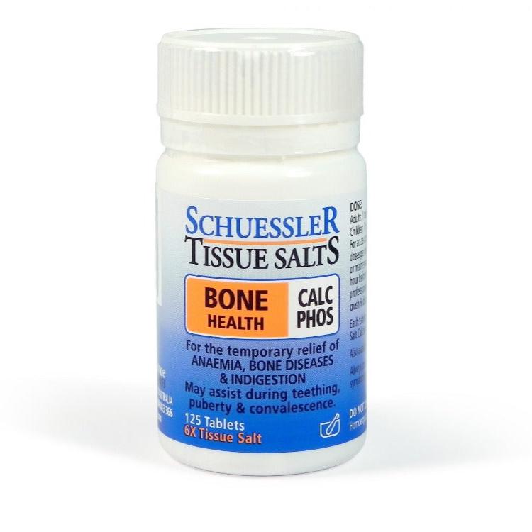 Dr Schuessler Tissue Salts 125 Tablets – Calc Phos 6X Calcium Sulphate | BONE HEALTH Calc Phos is the most abundant tissue salt in the body. It is found in the bones, teeth, and connective tissue, blood corpuscles and gastric juices. Calc Phos unites with albumin giving solidity to the bones and building the teeth. Bone is 57% Calcium Phosphate. It is the main constituent of all cells of the body fluids and restores tone to weakened tissues and organs.