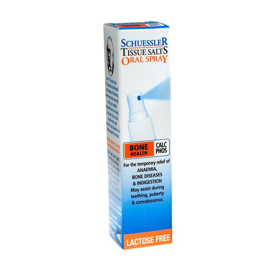 Dr Schuessler Tissue Salts Calc Phos Spray 30ml Calcium Phosphate: BONE HEALTH Bone, teeth, connective tissue & gastric juices. Calc Phos is the most abundant tissue salt in the body. It is found in the bones, teeth, and connective tissue, blood corpuscles and gastric juices. Calc Phos unites with albumin giving solidity to the bones and building the teeth.