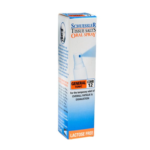 Dr Schuessler Tissue Salts Comb 12 Spray 30ml Comb 12: GENERAL TONIC A general tonic to be taken during times of hard work, nervous strain or mental fatigue. 30ml Spray | Tablets
