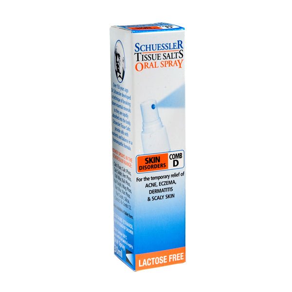 Dr Schuessler Tissue Salts Comb D Spray 30ml Comb D: SKIN DISORDERS For minor skin ailments, scalp eruptions, eczema, acne, scaling of the skin and allied conditions. When you want a natural remedy for skin troubles, Combination D is an effective combination of the 4 minerals needed by the body for healthy skin and maintenance. It is best taken as a course of treatment.