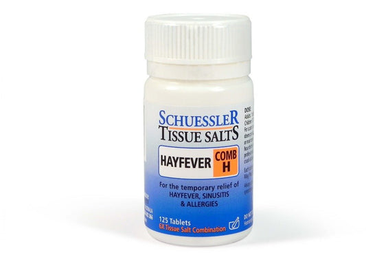 Dr Schuessler Tissue Salts Comb H 6X 125 Tablets Comb H – HAYFEVER Hayfever is an “allergic” condition of the mucous membranes of the nose, eyes and upper respiratory tract. It is common during spring when sensitivity to pollen is severe, but it is very treatable by Combination H, particularly if treatment is started from six weeks before the expected onset of normal symptoms.