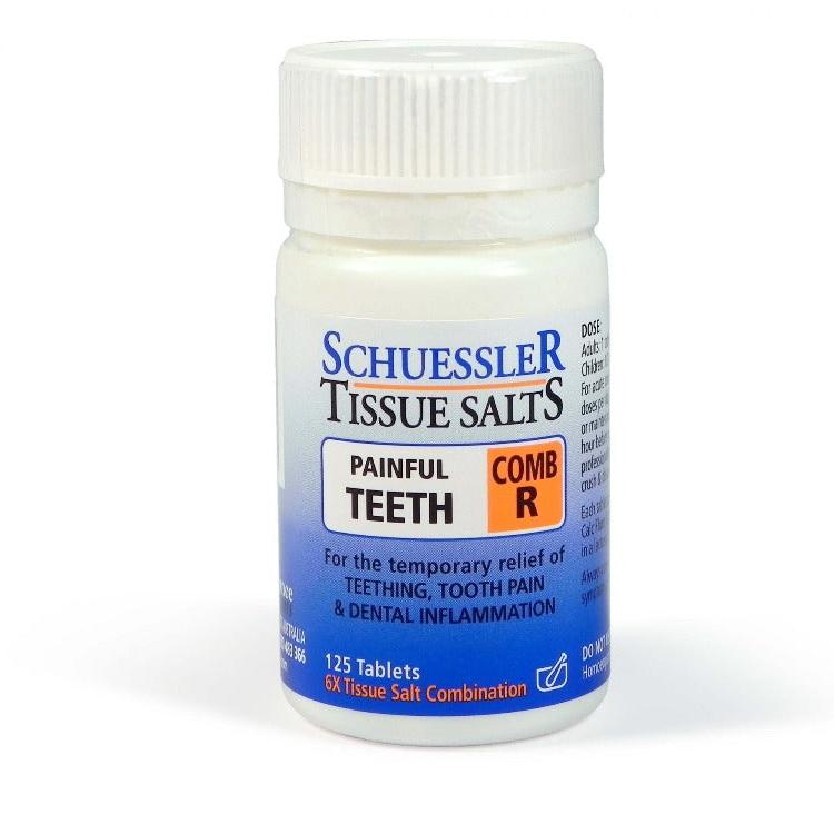Dr Schuessler Tissue Salts Comb R 6X 125 Tablets Comb R – PAINFUL TEETH Infants’ teething pains and allied conditions. Many infants experience some difficulty with teething. As the erupting tooth forces its way through the tender gum it causes pain and stress to the baby. Combination R has been designed to help alleviate these infant teething pains. Also useful for toothache in teenagers and adults.