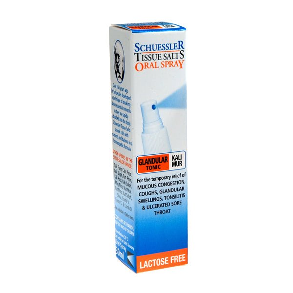 Dr Schuessler Tissue Salts Kali Muir Spray 30ml Kali Mur – GLANDULAR TONIC Potassium Chloride: GLANDULAR TONIC Every body tissue except bone. Kali Mur is the remedy for sluggish conditions and regulates the balance of fluids in the body and sees the proper functioning of nerves and muscles. 30ml Spray | Tablets