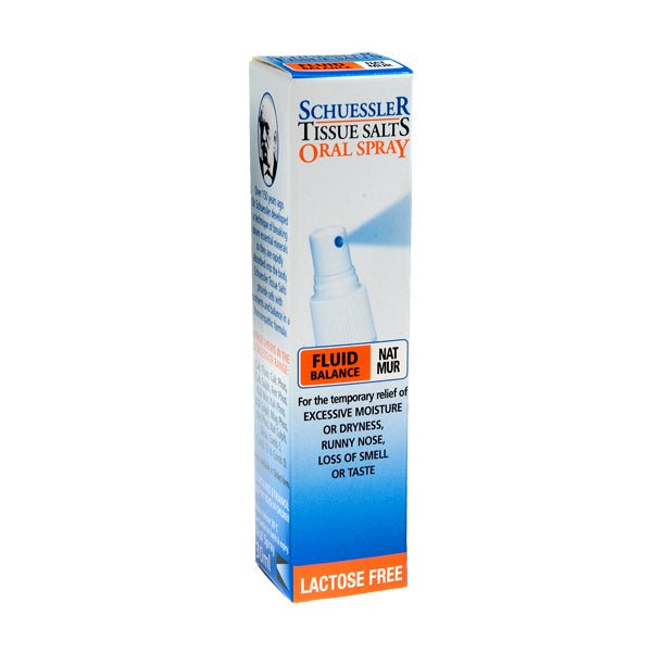 Dr Schuessler Tissue Salts Nat Mur Spray 30ml Nat Mur – FLUID BALANCE | 30ml Oral Spray Sodium Chloride: FLUID BALANCE Every liquid & solid part of the body. Nat Mur is the tissue salt responsible for the distribution of water in the body. Nat Mur can be used with advantage in cases when a salt free diet is recommended. 30ml Spray | Tablets